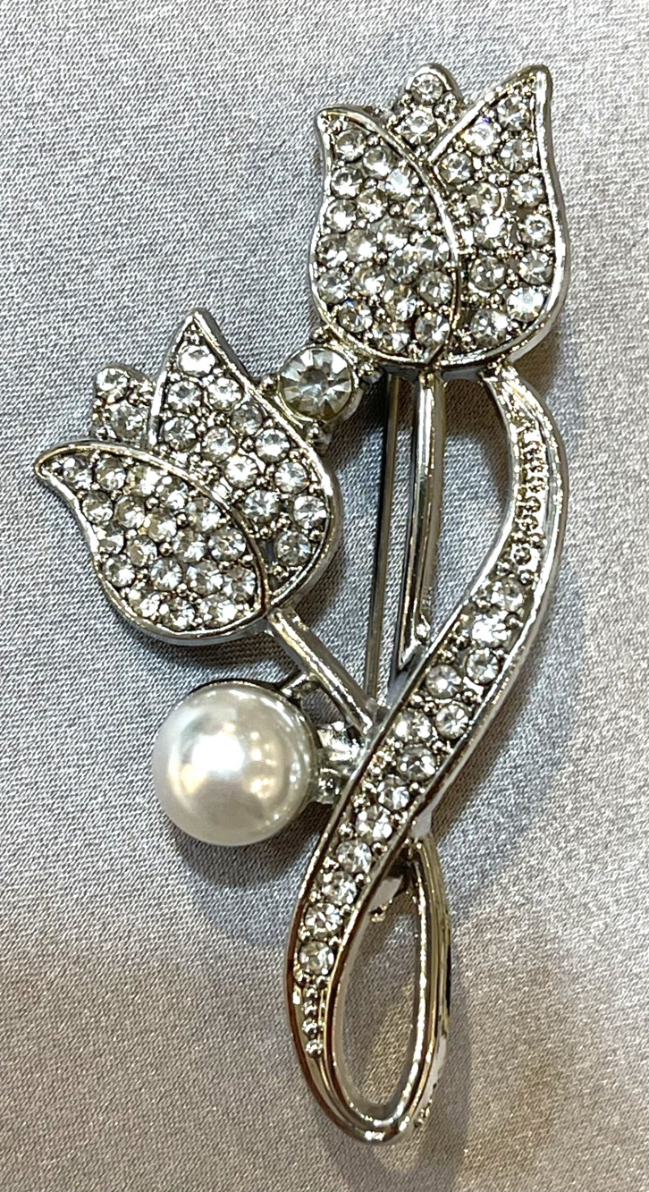 NWOT Silver Toned Tulip Brooch Rhinestone Faux Pearl Floral Flower Pin Brooch